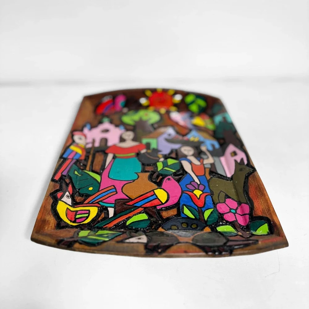 El Salvador Folk Art Hand Painted Wood Village Scene Wall Plaque La Palma Style